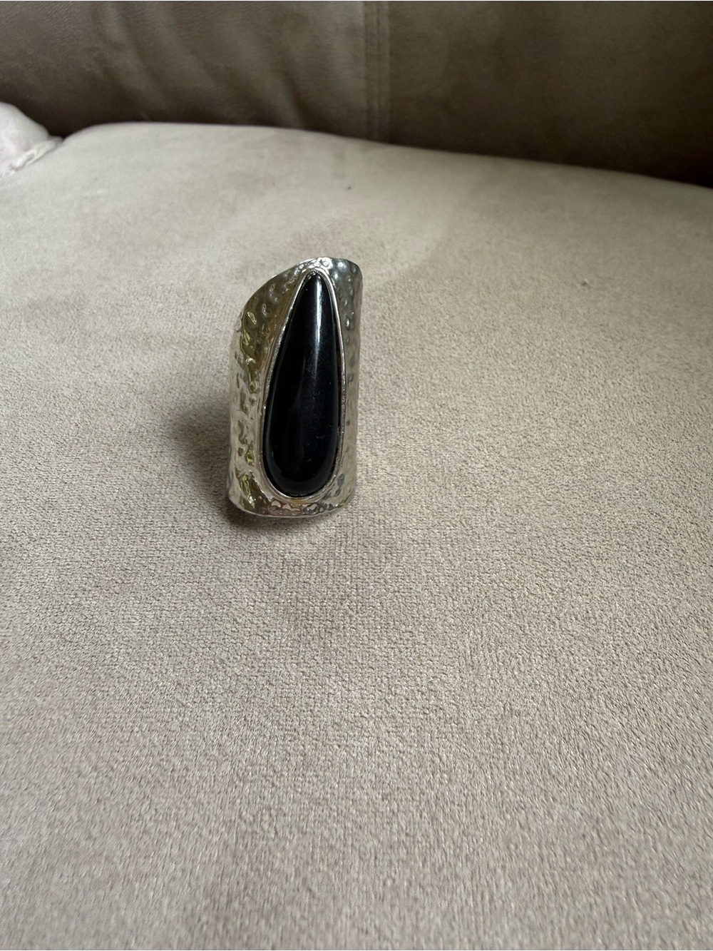Vintage Whimsigoth Silver-Tone Ring with Black Teardrop Stone